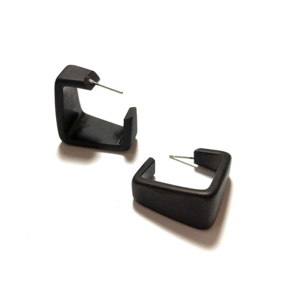 Wide Cubist Frosted Lucite Hoop Black Earrings - Picture 4 of 7